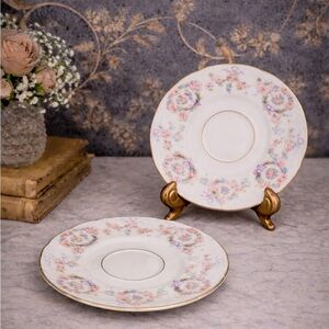 Antique Haviland Style Limoges Floral Saucers Gold Trim Set 2